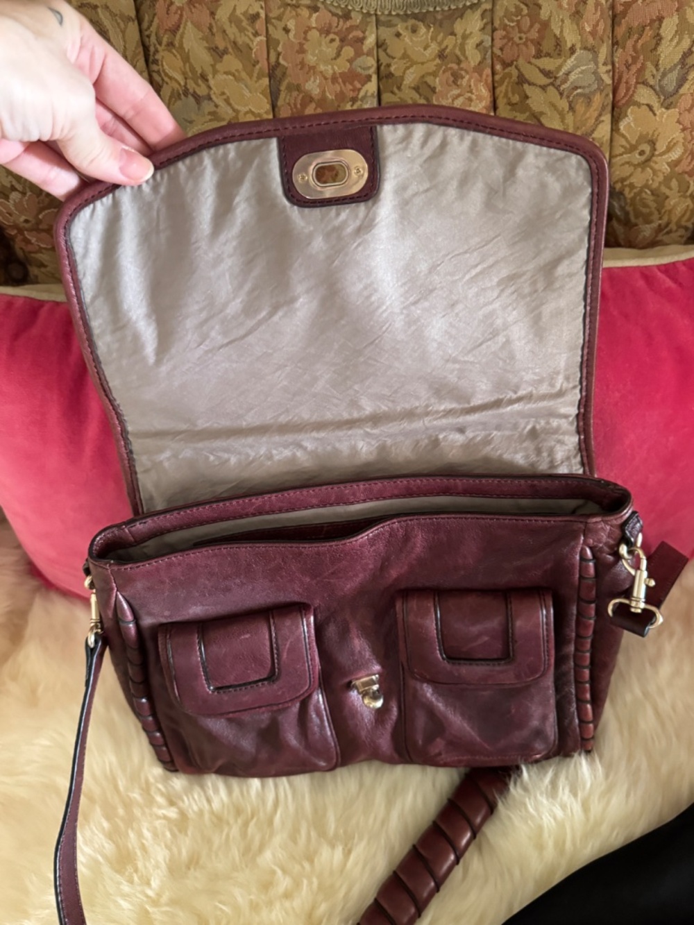 Cynthia Rowley Burgundy Distressed Messenger Flap Bag Top Handle Crossbody purse - Picture 9 of 15